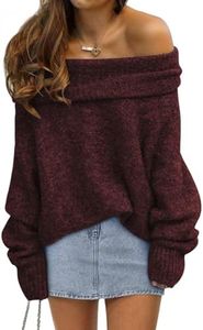 LILLUSORY Off The Shoulder Sweater Tops Oversized Stay Put Neckline Ultra Soft Perfect for Going Out Date Nights Casual Evenings WineRed XL