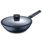 MasterPRO Indigo Wok with 28 cm Diameter, 8 cm Height and Lid, Cast Aluminium, Maximum Non-Stick Coating, Soft Touch Handle, Suitable for All Hob Types