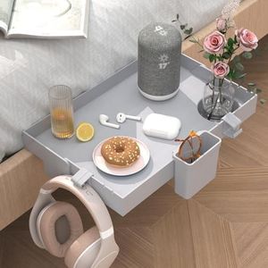 Ronlap Folding Bedside Shelf, Bunk Bed Shelf Organizer for Top Bunk Clip On Nightstand for Loft Bed Plastic Bedside Shelf Tray for Kids with Cupholder Hooks Hanging Cup, Small Size, Grey