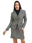 AOL Women's Houndstooth Design Double Breasted Woollen Blazer with Fringes(Black White, Large)