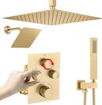 NPYSVSSS Dual Shower Heads Shower System with 16" Ceiling Mounted Rain Shower Head & 6" Wall Mounted Head Full Body Shower System 3 Way Thermostatic Shower Valve Can All Run Together, Brushed Gold