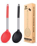 Pack of 2 Kitchen Ladle Strainer, Large Slotted Spoon with High Heat Resistant,BPA Free Non Stick Cooking Skimmers for Draining & Frying (Black-Red)