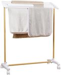 BAOYOUNI Rolling Towel Rack Holder Laundry Clothes Drying Stand Metal Pants Hanger Outdoor Indoor Garment Airer Storage Organizer Shelf with Wheels and 5-Bar - White + Wood Grain Color