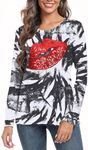 PESION Womens Short Sleeve T-Shirt Sequined Tops O-Neck Funny Graphic Tees Blouse, Tie Dye+ Red Lips, Large