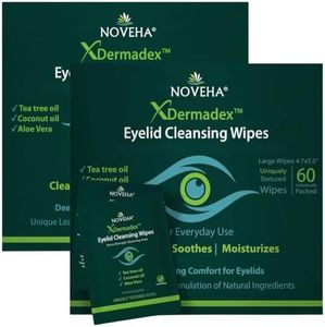 NOVEHA Demodex Eyelid & Lash Wipes | Box of 60 Individually Wrapped Extra Strength Cleansing Eyelash Wipes - Battles Irritated Eyes - Naturally Remove Debris (Pack of 2)