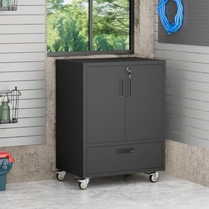 mysteeldepot Metal Storage Cabinet with Wheels, Heavy Duty Steel Tool Cabinet with Doors and Drawer, Lockable Tool Cart for Garage Basement Workshop Warehouse, Assembly Required (Black)