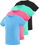 Ullnoy 4 Pack Girls Athletic Shirts Short Sleeve Dry Fit Sports T-Shirts for Kids Teens Lightweight Basic Tee Activewear Pack Black/Green/Rose/Blue L