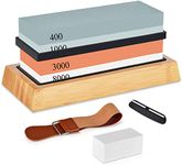 Sharpening Stones, Whetstone Knife Sharpening Stone Kit Includes 4 Side 400/1000 and 3000/8000, knife sharpener with Non-Slip Bamboo Base, Flattening Stone, Angle Guide, Leather Strop, for Chef Knife, Kitchen Knife, Hunting Knife