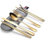 Devine Details 8-Piece Stainless Steel Travel Friendly Cutlery Set - Portable Utensils Flatware Includes Knife, Fork, Spoon, Chopsticks, 2 Straws, Cleaning Brush & Water Resistant Zipper Bag - Gold