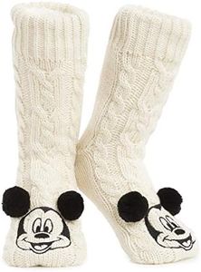 Disney Women's Slippers Socks Fluffy Slipper Socks, Beige Mickey Mouse, One Size