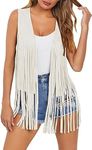 Dokotoo Womens Fashion 2025 Fringe Vest Concert Outfits for Women Western Cowgirl Party Hippie 70s 80s 90s Disco Fringe Jacket Sleeveless Faux Suede Tassel Leather Summer Fall Clothes Beige Medium