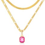 Mesovor 18K Gold Layered Crystal Necklace, 3mm Figaro Chain Necklaces | Dainty 4mm Snake Chain Choker Necklace for Women Girls Jewelry Gifts (Hot Neon Pink)