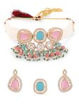 ZAVERI PEARLS Pink Turquoise Blue Stones & Cluster Beads Multistrand Choker Necklace Earring & Ring Set For Women-ZPFK17285