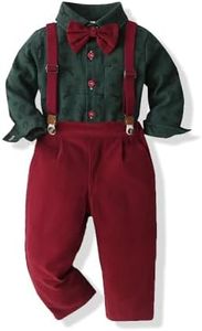 Yoolhamy Baby Boy Christmas Outfit Toddlers Xmas 4PCS Bow-tie Shirt and Suspender Pants Gentleman Set (Green Shirt, 9-12M)