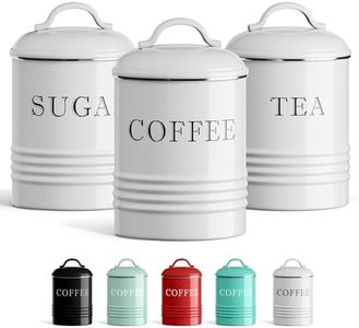 Barnyard Designs White Canister Sets for Kitchen Counter, Vintage Kitchen Canisters, Country Rustic Farmhouse Decor for the Kitchen, Coffee Tea Sugar Farmhouse Kitchen Decor Set, Metal