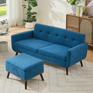 Kingfun Living Room Furniture Sets, Standard & Ottoman, Mid Century Modern Decor Sofa Couches, Button Tufted Upholstered Furniture, Blue