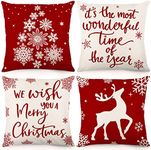 HOLICOLOR Christmas Decorations Red Christmas Pillow Covers 18x18 Inch Set of 4 Farmhouse Throw Pillowcase Snowflake Deer Winter Holiday Linen Cushion Case for Home Christmas Decor