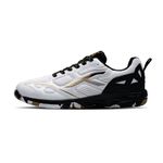 Hundred Men Raze Pro Badminton Shoes (Non Marking) | Also Indoor Sports | Lightweight, Breathable & Durable | X-Cushion | Active Grip Sole | Extended Heel Lock (White/Gold/Black ; UK 8)