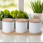 The Better Home Set of 3 Ceramic Jars with bamboo lid with spoon & tray | Multipurpose Condiments Container For Pickle,Sauces,Masala | 250ml each | Kitchen Organizer Items and Storage | White