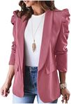 KIRUNDO Women's 2024 Spring Fall Casual Blazers Puff Sleeve Lapel Open Front Work Suit Office Blazer Jackets with Pockets(Rose Pink, Large)