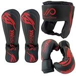 Kids Boxing Gloves, Headgear and Shin Guards (3-PCs Set) by JP – Child Friendly Design, Synthetic Leather, Adjustable and Light Weight for Sparring, Muay Thai Kickboxing, Martial Arts, MMA and Karate (XXS, Black/Red)