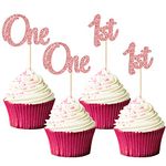 Gyufise 24Pcs One Cupcake Toppers Glitter 1st Birthday Cupcake Picks for Baby Shower First Birthday Party Cake Decorations Supplies Rose Gold