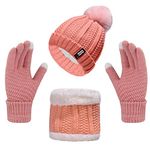 Alviller Women Knitted Hat Scarf Gloves Set, 3Pcs Winter Cold Weather Set with Knit Beanie Cap Touch Screen Gloves Circle Neck Scarf for Adults Sports Outdoor (Pink)