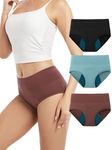 TIICHOO High Waisted Period Panties Heavy Flow Soft Leakproof Underwear for Women 3 Pack (5X-Large, Black/Turquoise Green/Brown)