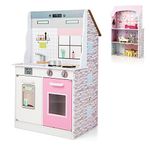 COSTWAY 2 in 1 Kids Toy Kitchen and Dollhouse, Double Sided Pretend Playset with Doll Furniture & Kitchen Accessories, for 3+ Years Old Children (Pink)