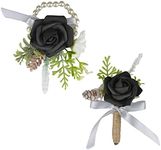 Maizoon Handmade Black Art Rose Flower, Silk Flower Ribbon Flower Corsage, Art Event, Holiday Celebration, Special Large Event, Prom Flower Party Men Suit Accessories. (2pcs Black Boutonniere)