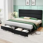 AMERLIFE Full Size 47.6" Linen Upholstered Bed Frame, Platform Bed with 2 Drawers & Height Adjustable Headboard/No Box Spring Needed/Black