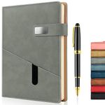 A5 Lined Leather Journal with Pen, 240 Pages Refillable Hardcover Notebook with Pocket and Magnetic Buckle, 80gsm Thick Daily Diary for Men and Women, Great Gift for Business School Travel Personal - Gray