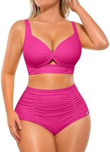 SHAPELLX Women Tummy Control 2 Piece Swimsuits Push Up Bikini High Waisted Ruched Bathing Suit Twist Front V Neck Bikini Sets Adjustable (Pink, XXL)