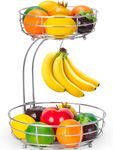 Mutool 2-Tier Fruit Basket, Detachable Countertop Fruit Rack with Banana Hanger, Kitchen Wire Fruit Vegetables Bowls, Metal Basket Storage Holder for Fruits Veg Bread Snacks (Silver)