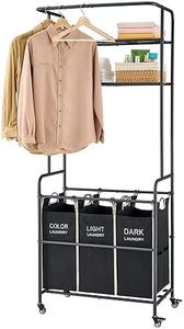 Gewudraw Laundry Sorter Cart with Hanging Rack, 3 Section Laundry Hamper Basket Butler Cart with 2 Tier Shelf, Rolling Lockable Wheels