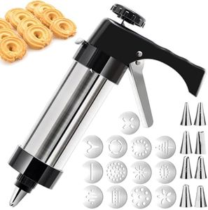 Hendiy Cookie Press, Cookie Press Gun Kit Stainless Steel Spritz Cookie Press Set with 13 Cookie Discs and 8 Piping Tips, Cookie Press for Baking for Cookie Maker and Cake Icing