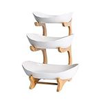 3 Tier Fruit Basket Ceramic Fruit Bowl Vegetable Storage with Bamboo Wood Porcelain Fruit Stand Storage Holder for Kitchen Counter Large Capacity Fruit Holder for Bread, Snack (White)