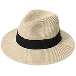 DRESHOW Women Wide Brim Straw Panama Roll up Hat Fedora Beach Sun Hat UPF 50+