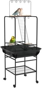 PawHut Bird Stand with Wheels, Parrot Stand with Perches, Stainless Steel Feed Bowls, Pull-Out Tray, Toy Hanger, Bird Play Stand for Indoor Outdoor Small Parrot, Dark Gray