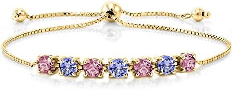 Gem Stone King 2.58 Ct Pink Lab Grown Diamond Blue Tanzanite 18K Yellow Gold Plated Silver Bracelet For Women
