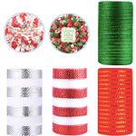 4 Rolls Christmas Deco Mesh Rolls for Wreath Making,6 Inch x 10 Yards White Red Green Xmas Ribbons Stripe Mesh Metallic Foil Deco Poly Mesh Roll for Christmas Swag Decoration Wreath Making,Garland,Bow