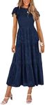 PRETTYGARDEN Women's Floral Midi Dresses 2025 Summer Cap Sleeve Smocked Ruffle A Line Long Flowy Wedding Guest Dress (Navy,Medium)