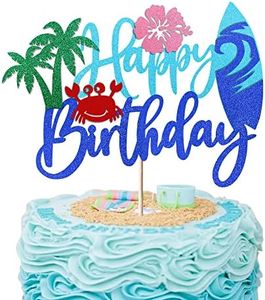 Rsstarxi 1 Pack Beach Happy Birthday Cake Topper Glitter Flower Crab Palm Leaf Surfboard Cake Pick for Beach Surfing Hawaii Luau Theme Baby Shower Kids Boys Girls Birthday Party Cake Decorations Supplies