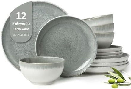 Pokini Gradient Green Stoneware Dinnerware Sets, 12 pcs Reactive Glaze Plates and Bowls Sets, Handmade Ceramic Round Dishes Set for 4, Highly Chip and Crack Resistant Modern Plate Set