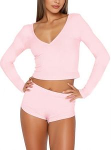 Dressmine Comfy Cute Pink Pjs Fall Womens 2 Piece Pajama Sets Sexy PJ Shorts Y2k V Neck Fashion Lounge Set Sleepwear M