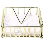 MyGift Modern Brass Metal Flat Square Napkin Holder for Table with White Marble Pattern Base and Cut Out"HOME" Letters