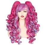 ColorGround Long Curly Cosplay Wig with 2 Ponytails (Hot Pink/Pink/Blue)…