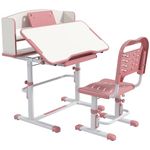 ZONEKIZ Kids Desk and Chair Set, Height Adjustable Children School Study Table with Drawer, Bookshelf, Adjustable Angle Tabletop, Non-slip Mat, for Ages 6-12 Years - Pink