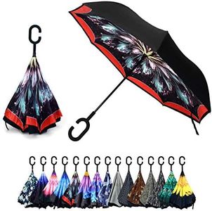 Parquet Double Layer Inverted Umbrellas C-Shaped Handle Reverse Folding Windproof Umbrella for Women Men (Galaxy Flower)