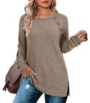 Aokosor Long Sleeve Tops Women Lightweight Jumpers Ladies Button Side Splits Tunic Khaki Size 14-16